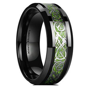 Mens Tungsten Wedding Band 8mm Celtic Knot Ring Black Resin Inlay Silver & Green